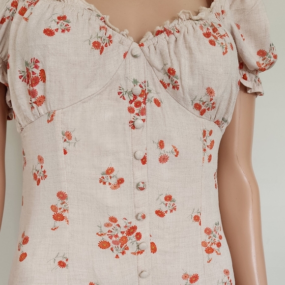 BARDOT FLORAL BEIGE SMOCKED COTTON CAP SLEEVES MINI SHORT SEXY DRESS 6 SMALL - Picture 8 of 14